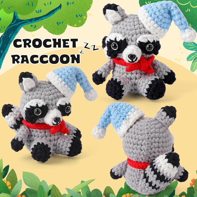 CrochetBox Crochet Kit for Beginners Adults - Raccoon Starters Crochet Kit, Beginners Crocheting Kitting for Adults Teen, Craft Gifts with Crochets Yarns, Hook, Step-by-Step Video, Instruction