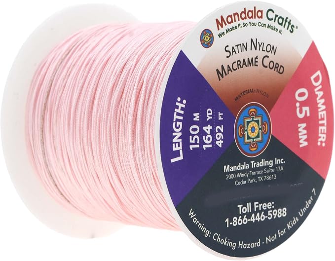 Mandala Crafts 0.5mm Pink Rattail Nylon Satin Cord for Jewelry Making