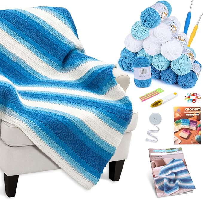 Reessy Crochet Blanket Kit for Beginners Adults – Gradient Blue Ombre Throw Blanket Kit with Soft Chenille Yarn, Hooks & Instructions – Handmade Crochet Starter Set for Adults