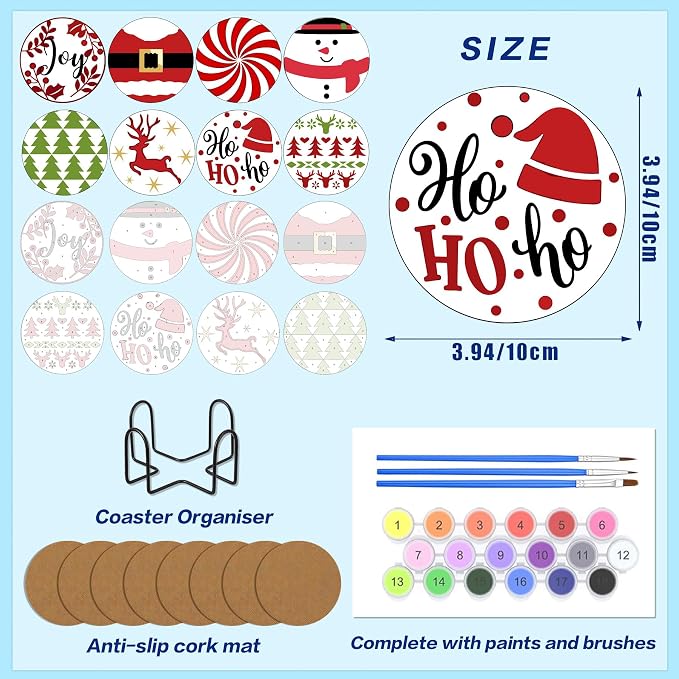 8 Pack Christmas Paint by Numbers Kits Coasters with Holder Cork Pads | Xmas Paint by Number Kits for Adults Simple Round Oil Painting Coaster for Small DIY Craft Holiday Birthday Gift 3.9x3.9in