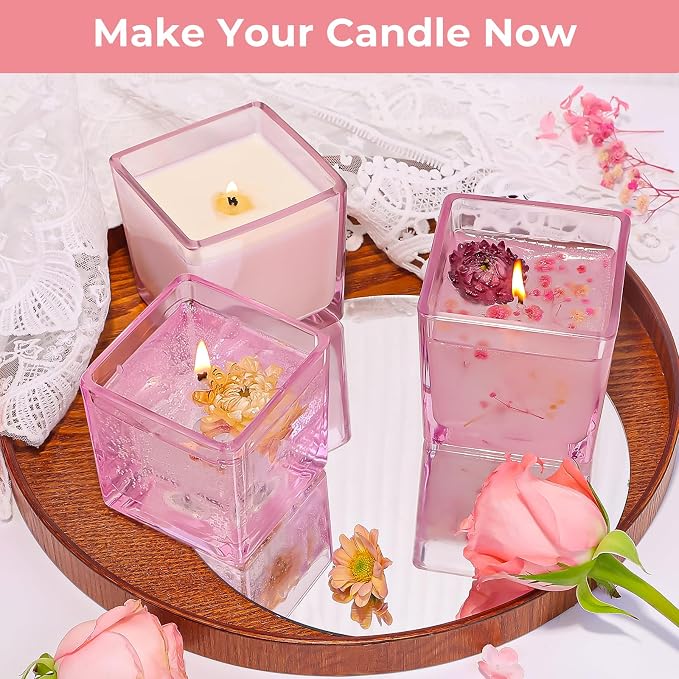 CONNOO 12 Pack 9oz Pink Glass Square Candle Jars with Bamboo Lids