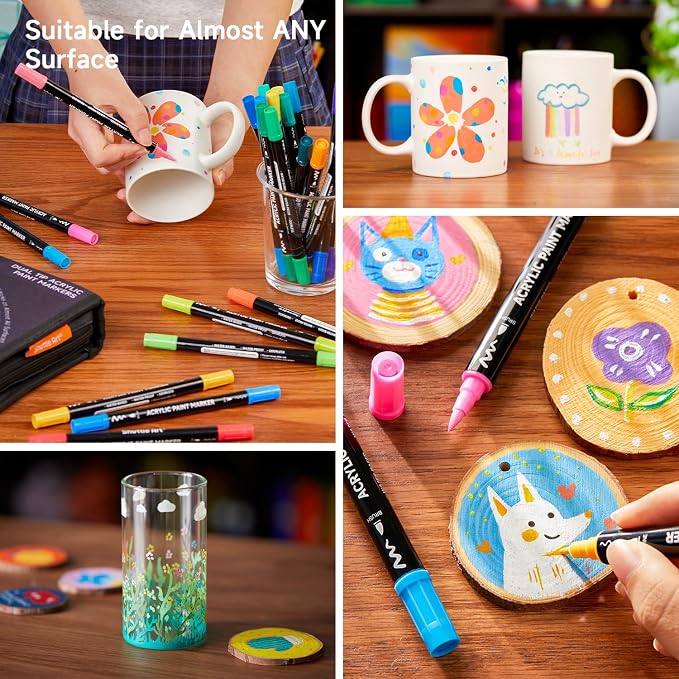 Shuttle Art 80 Colors Dual Tip Acrylic Paint Markers, Brush Tip and Fine Tip Acrylic Paint Pens for Rock, Ceramic, Wood, Canvas, Plastic, Glass, Stone, Calligraphy, Card Making, DIY Football Crafts