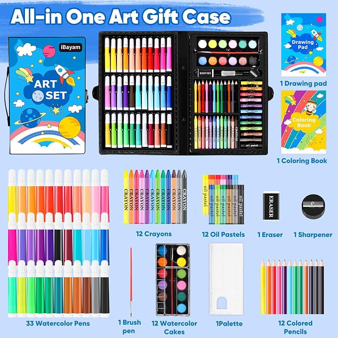 iBayam Art Supplies, 149-Pack Drawing Kit Painting Art Set Art Kits Gifts | Arts and Crafts for Kids Girls Boys Adult Artist, with Coloring Book, Crayons, Pastels, Pencils, Watercolor Pens & Cakes