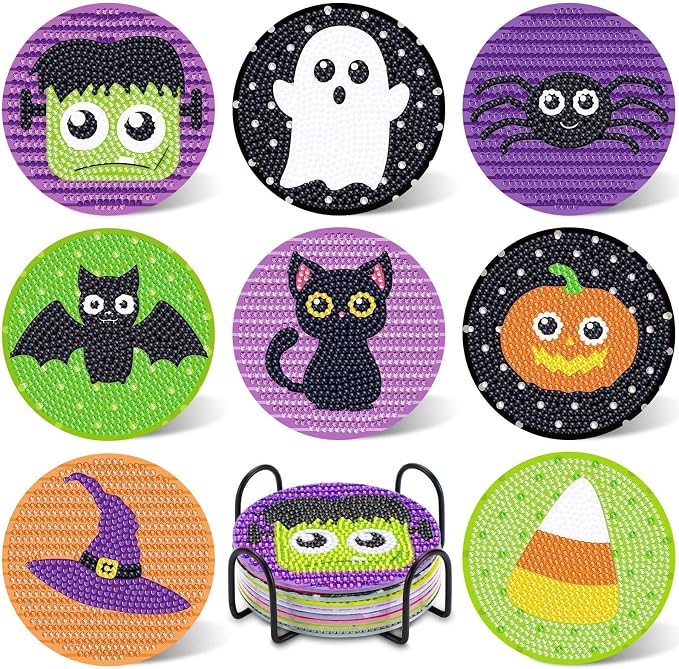 UPINS 8Pcs Halloween Diamond Art Painting Coasters Kits with Holder | Diamond Art Non Slip Coaster Kits ,DIY with Holder crafts, for Adults Diamond Art Painting Kits Supplies