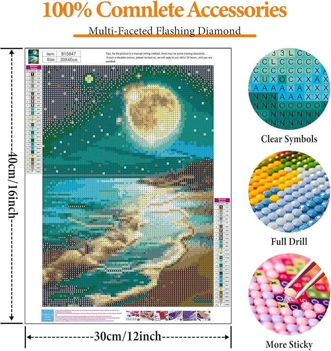 Diamond Art Kits for Adults, Beach DIY 5D Diamond Painting for Beginners | 12x16 Inch, Full Drill Round Dots, Seaside Moon Gem Art Craft Kits, Home Wall Decor, Stress Relief Relaxing Hobby Gift