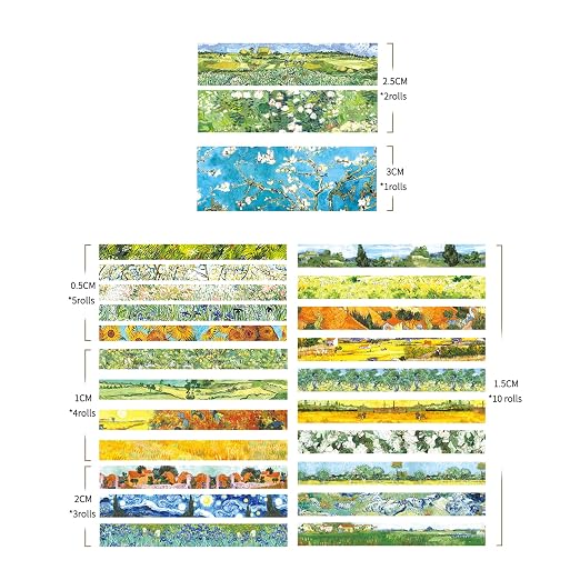 25 Rolls Starry Night Washi Tape Pack Van Gogh Oil Painting Arts Adhesive Tapes Gold Foil Decorative Masking Tape Sets for Craft, Kids, Scrapbook, DIY, Gift Wrapping