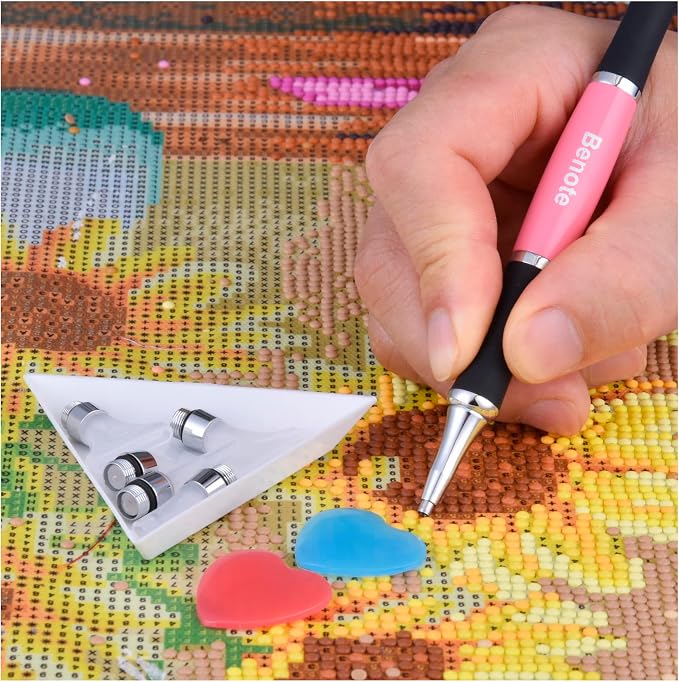benote Ergonomic Diamond Art Painting Pen, Diamond Art Pen with Dual Rubber Metal Screw In Tip Round And Square Rhinestone Picker Tool for Arts DIY Craft - B10 Pink