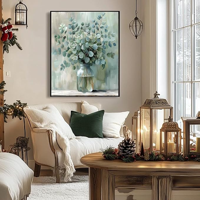 Eucalyptus Flowers Paint by Number Framed with Wooden Easel 12x16inch | Adult Paint by Numbers, Flowers Canvas Paint by Numbers for Adults, DIY Acrylic Painting Kits for Adults, Home Decor Gifts