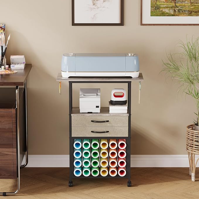 VENNQD Organizer and Storage Stand Compatible with Cricut Machines,Rolling Storage Cart/Shelf with 24 Vinyl Roll Holders，2 Fabric Drawer,Accessories Holder,Tool Hook for Craft Room Home (Greige)