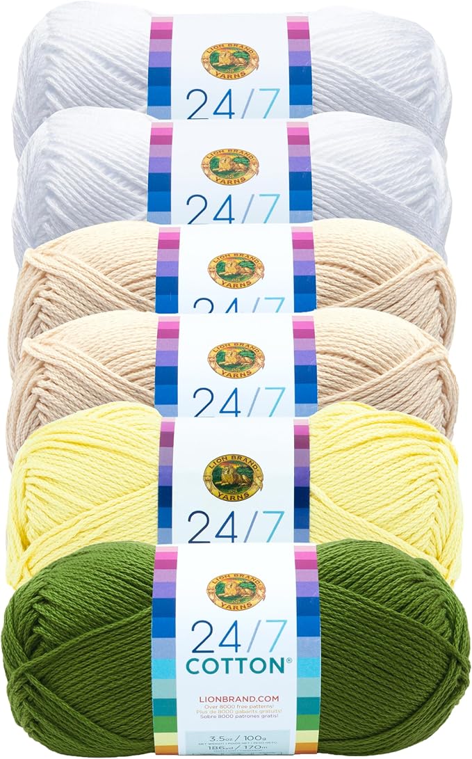Lion Brand Yarn, 24/7 Cotton Mercerized Lightweight Yarn for Knitting, Crochet, and Crafts, Lemon-Lime, 6 Pack, Multicolor Pack of Natural Fiber for Breathable Tops, Durable Bags, and Dish Cloths
