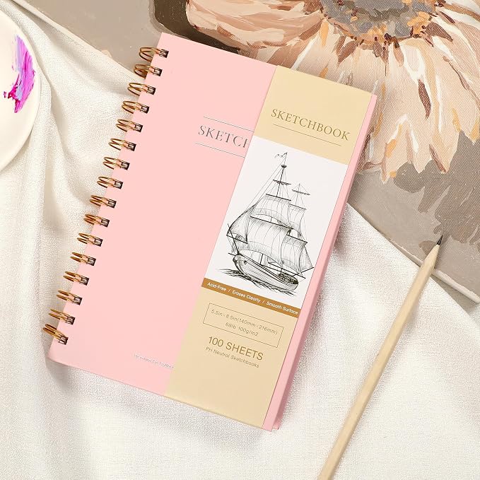 Yoment 5.5" x 8.5" Sketch Book Small Sketchbook for Drawing 100 Sheets Hardcover Spiral Sketch Pad for Kids(68lb/100gsm) Art Sketchbook Drawing Blank Paper Book for Beginner Artist with Pencil Pink | Pink,68 lb/100gsm Hardcover Sketch Pad for Kids,Art ...
