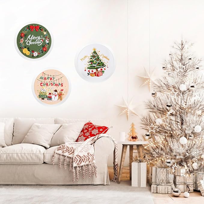 LB Christmas Embroidery Kit for Beginners Adults, 3 Sets Hand Embroidery Starter Kit with Wreath Pattern and Instructions Stamped Cross Stitch Kits Include Embroidery Hoop Needles Threads Scissors