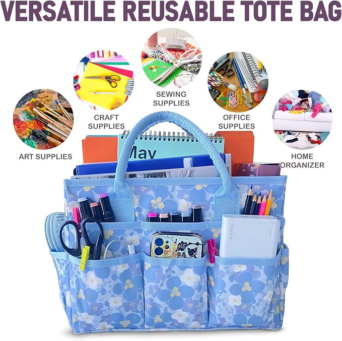 Cupohus Craft Organizer Bag, Blue Print Art Supply Tote with Multiple Pockets