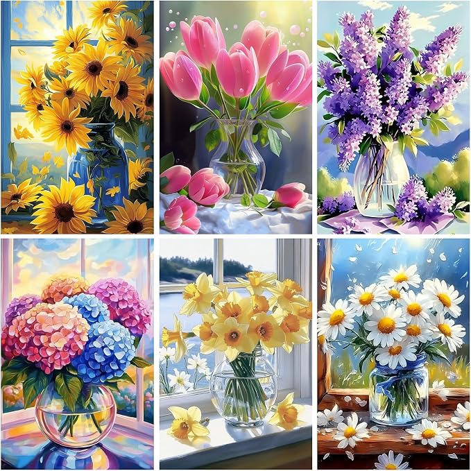DOZEEZOP 6-Pack Diamond Art Kit for Adults, 5D Diamond Painting 12x16 Inch | Flower pictures, Full Round Drills, Home Wall & Shelf Decor, Beginner-Friendly DIY Craft, Stress Relief, All-Occasion Gift