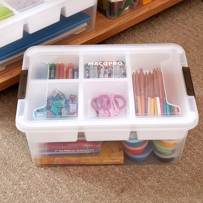 MACOPRO 17QT Clear Plastic Box Craft Storage Bin with Removable Tray & Lid | 1-pack container, art supply organizer for playdoh, sewing, beads & craft tools, space-saving stackable bins organization