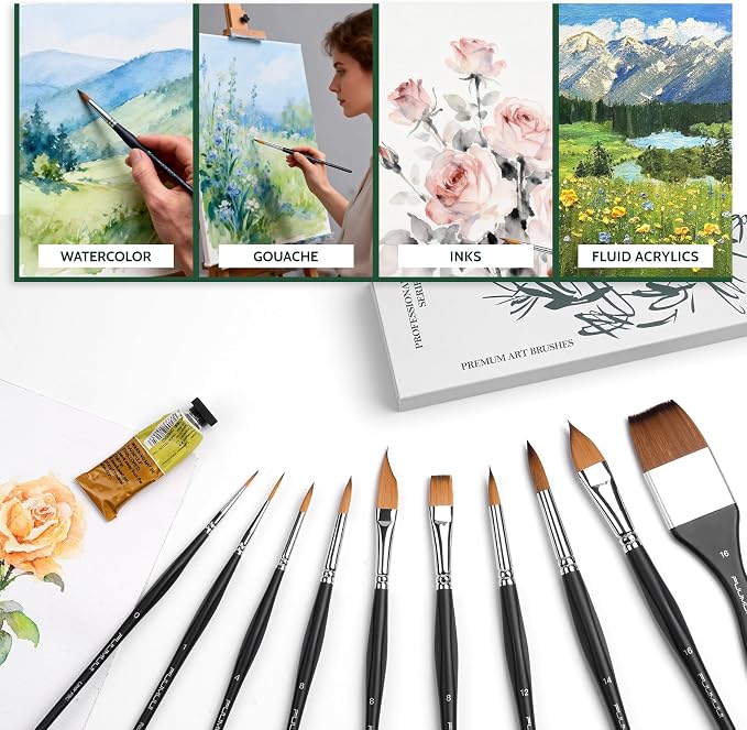 Fuumuui Watercolor Paint Brushes, Professional 10Pcs Synthetic Sable Water Color Brushes for Adult with Wide Flat, Round, Dagger, Cat's Tongue, Liner for Watercolor Gouache Inks Painting
