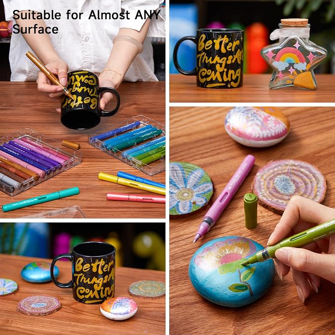 Shuttle Art Automatic Ink Control Acrylic Paint Markers, 24 Metallic Colors Brush Tip Acrylic Paint Pens for Rock Painting, Ceramic, Wood, Canvas, Glass, Stone, Fabric, Card, DIY Football Crafts