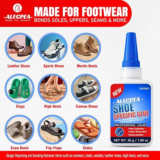 ALECPEA Shoe Glue for Sole Repair, Thin Clear Adhesive, 2 X 30g, 6 Tips