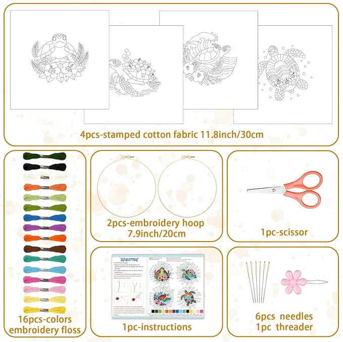 BEUNITONE 4 Sets Sea Turtle Embroidery Kits for Beginners DIY Craft Kits for Adults with Printed Patterns, Hoops and Instructions, Hibiscus Flower Needlepoint Kits for Clothing and Home Decor