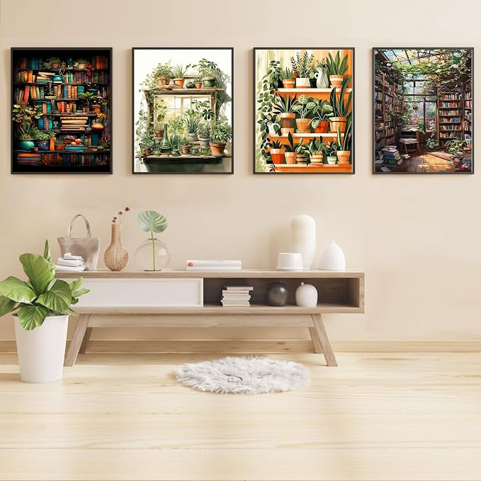 Hutarosl 4 Pack Paint by Numbers Kit for Adults Plant- Bookshelf Paint by Number Adult, Canvas Painting by Numbers for Adults Perfect for Gifts Home Wall Decor 12x16inch
