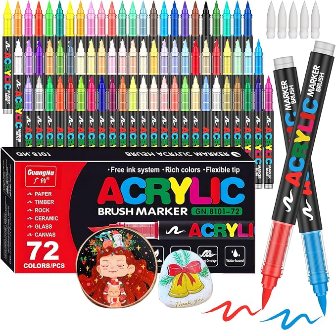 Amamao 72-Color Acrylic Paint Markers, Soft Brush Tip Pens for Rock, Wood