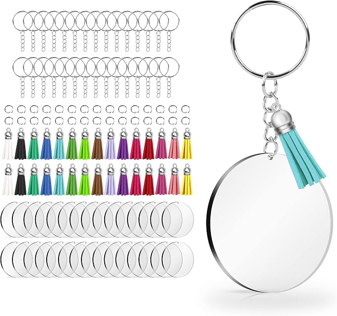 120 pcs Acrylic Keychain Blank Silver Kit | Silver Tassels, Rings & Jump Rings for Craft, DIY Jewelry Making