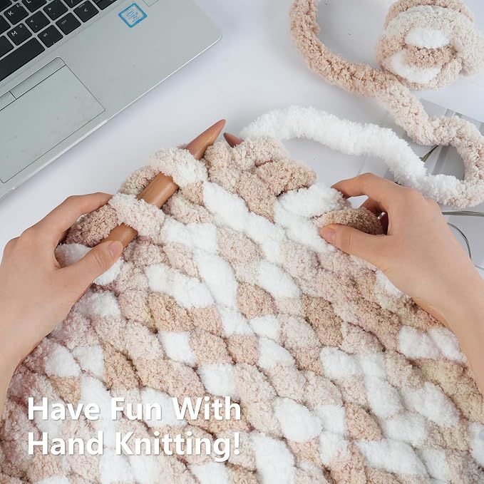 Cozyful Chunky Yarn for Hand Knitting - #10 Chunky Chenille Blanket Yarn, Jumbo Big Thick Chunky Yarns for Crocheting, Tie Dye Bulky Knit Yarns, 8 Skein (20 yds 8 oz Each Skein), White & Khaki & Beige