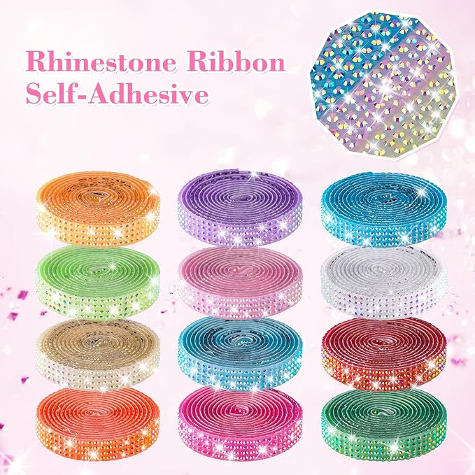 NiArt 12 Rolls Self Adhesive Rhinestone Ribbon 12 Yards DIY Bright Colors