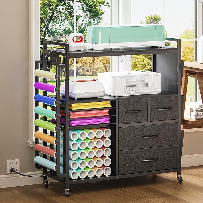VENNQD Large Craft Organizer and Storage Rolling Cart Compatible with Cricut Machine with Fabric Drawers Vinyl Roll Holder Accessories for Home Craft Workstation Room (Black)