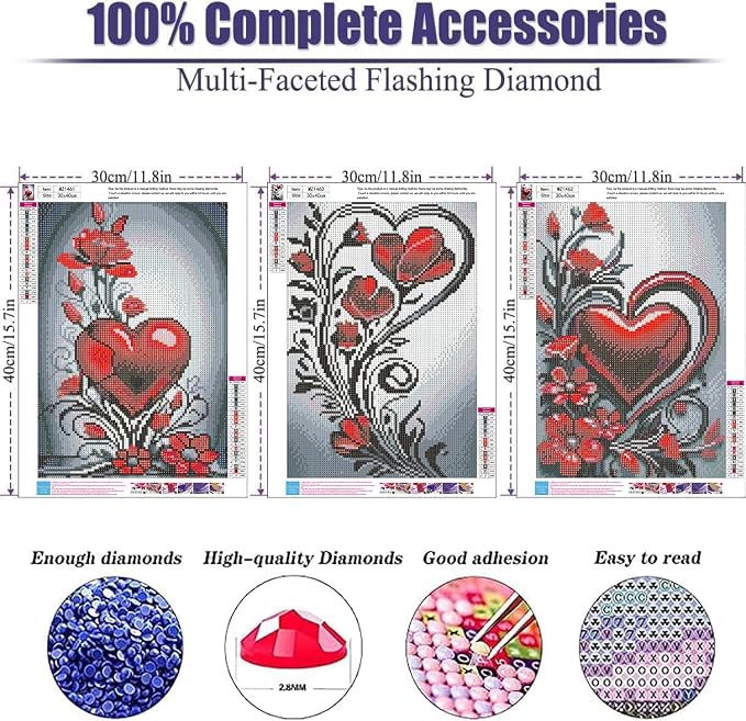 3 Pack Diamond Art Kits for Adults, Flowers Diamond Painting Kit 12x16 inch