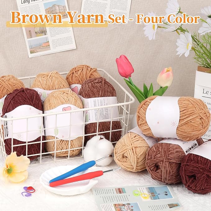 Coopay Thin Chenille Yarn for Crocheting & Knitting, Brown Gradient | Crochet Yarn Set - 600g Total, Velvet Yarn for Colorful Crafts, Blankets, Plush Dolls, Decorative Handmade Works