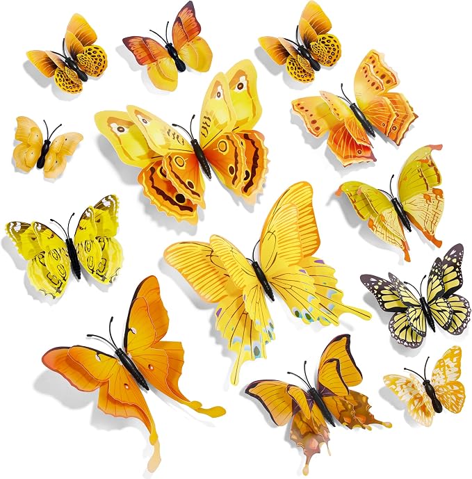 SAOROPEB 3D Butterfly Wall Decor, 48 Pcs Yellow Butterfly Decorations