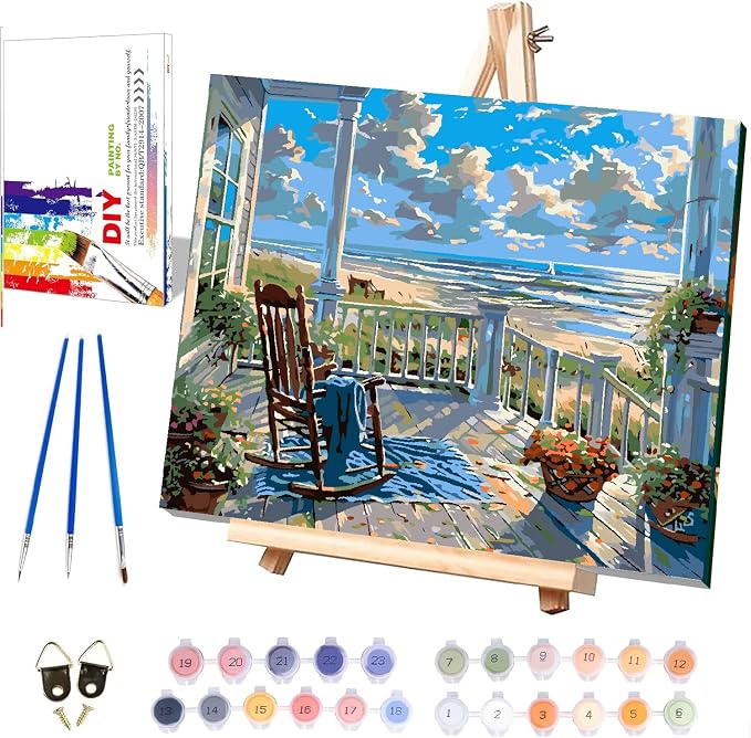 Clendo Landscape Paint by Numbers for Adults with Easel, Beach Adult Paint by Number Kits on Canvas, Framed DIY Color Oil Painting Acrylic Paints,Home Wall Decor 12x16inch