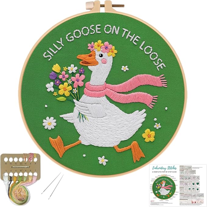 Louise Maelys Silly Goose Embroidery Kit for Beginners, Floral DIY Craft | Includes Pre-Printed Fabric, Embroidery Hoop and Threads. Cross Stitch Kits for DIY Crafts. Needlepoint Kit for Stitching