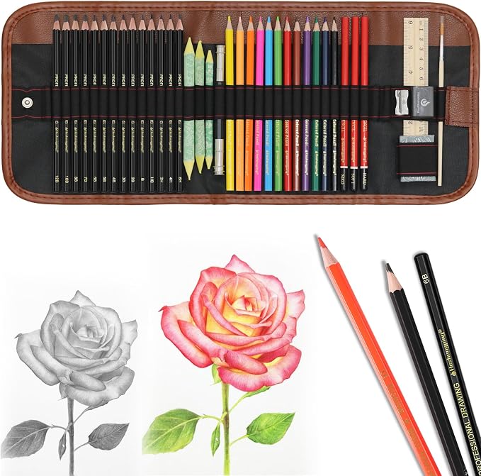 Heshengping, 41pcs Sketching Pencil Set Drawing Sketch Kit Graphite Charcoal Watercolor Pencils Blending Stumps 50page sketchbook, coloring book, Beginners Artist Teens and Adults