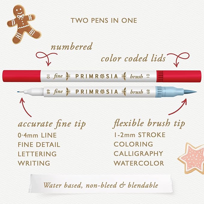 Primrosia 24 Dual Tip Marker Pens – Christmas Sugar Cookie Limited Edition Gift Pack. Pastel & Holiday Colours for Coloring, Journaling, Card Making, Tags & Creative Projects. Brush & Fine Tips