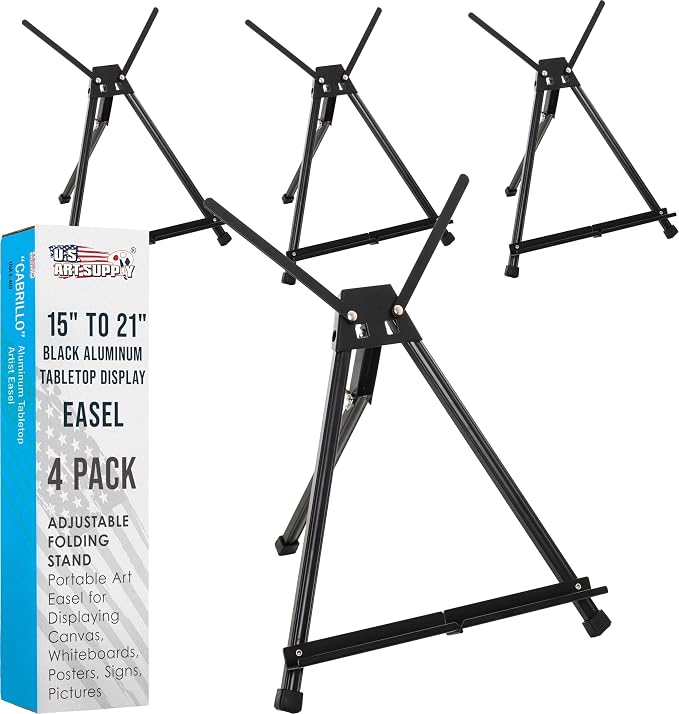 U.S. Art Supply Tabletop Easel for Painting - 15" to 21", Black, Pack of 4 | Adjustable Metal Painting Easel - Portable Art Easels for Display Table Stand - Canvas, Whiteboards, Posters, Signs, Drawings