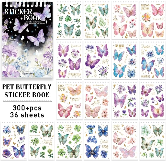 Flower and Butterfly Sticker Book, 30 Sheets 300+ Pcs, PET Material with Gold and Holographic Foil, for Planner Scrapbooking Journaling Card Making