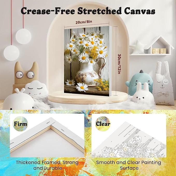 4 Pack Flower Paint by Numbers for Adults with Framed Canvas - Wooden Easel | Vintage Flower Paint by Number, Daisy Rustic Flowers Acrylic Oil Painting on Canvas with Brush for Home Wall Decor 8x12 inch