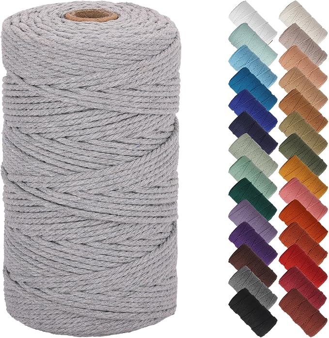 NOANTA Light Grey Macrame Cord 3mm x 220yards, Cotton Rope Macrame Yarn | Macrame Rope Supplies, 3 Strand Twisted Cotton Yarn String, Cotton Cord for Wall Hanging, Plant Hangers, Crafts, Knitting