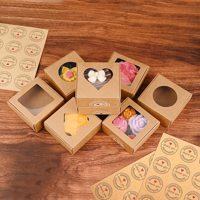 Moukiween Soap Boxes for Homemade Soap, Soap Packaging Gift Box with Window | 2.95 X 2.95 X 1.18 Inch Soap Packaging Gift boxes Brown with Window, Small Square Soap Wrapping Boxes (30PCS)