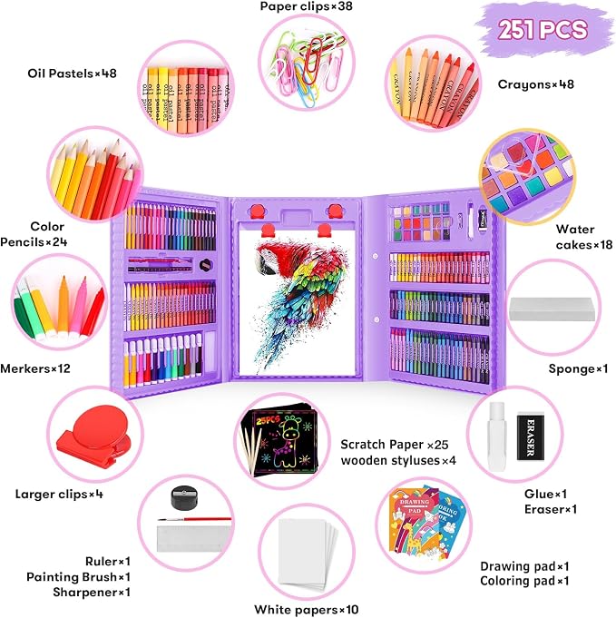 iBayam 251-Pc Art Kit – Easel, Sketchbook, Scratch Paper, Crayons & Pencils