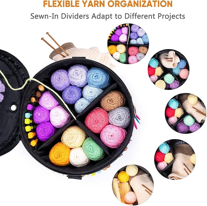 Canvas Yarn Storage Organizer with Removable Dividers, Crochet&Knitting Bag | Expandable canvas yarn organizer with removable dividers, yarn feed holes, project storage and multiple tool pockets