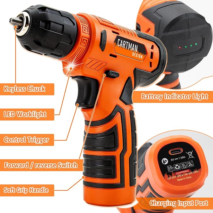 CARTMAN 150PCS 8V Cordless Drill Hand Tool Set, Orange Household Repair Kit | All-Inclusive Tool Assortment With 8V Drill, Great For Home Upkeep, DIY Crafting And Daily Household Fixes