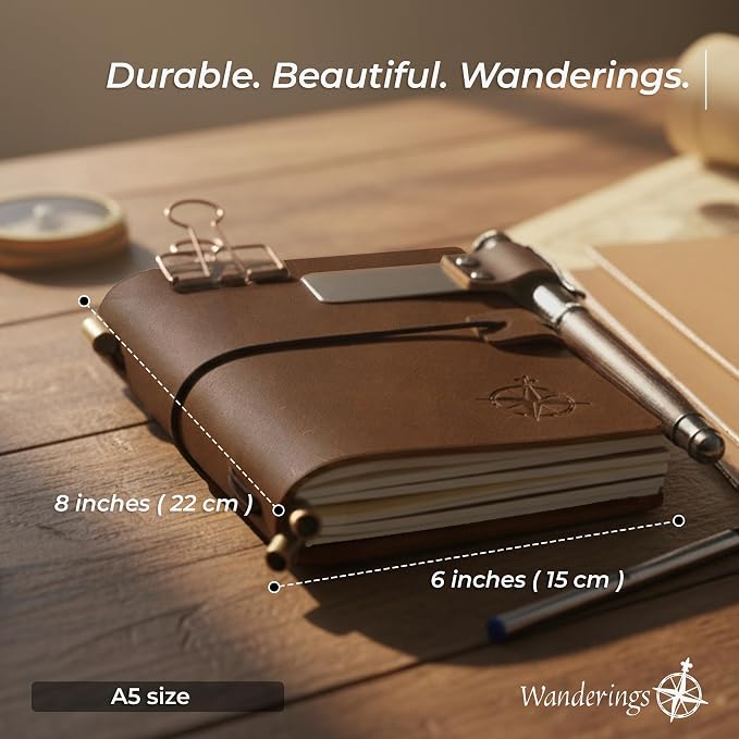 WANDERINGS A5 Travelers Notebook Bundle – 6" x 8.5" (15 x 22cm) – Genuine Leather Journal with Pen Holder, Pen, 2 Ink Refills, PVC Folder & Binder Clip