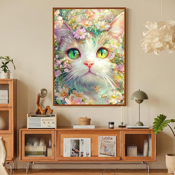 Cat Floral Paint by Numbers Kit for Adults Framed Canvas, Frameworkless