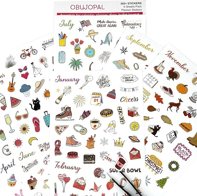 Planner Stickers, 365+ Pcs Daily Weekly Monthly Holiday Seasonal Calendar Stickers for Bullet Journal Scrapbook Diary Notebook Envelope