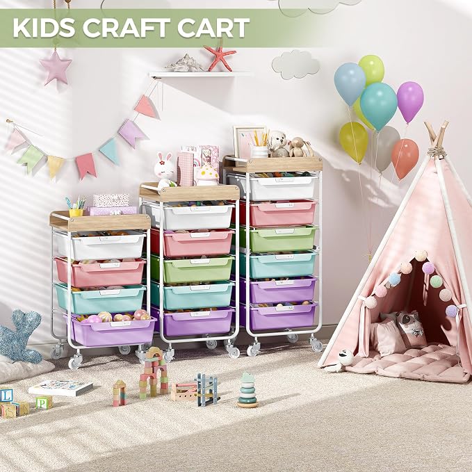 SYKIARIOL Utility Storage Cart with Ice Cream Color Drawer for Classroom | Rolling Cart with Labeling 6 Drawers, for Kids Room, Dorm, School, Storage Study Arts Craft Sewing Supplies Organizers