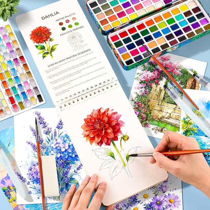 Taotree 100 Colors Watercolor Paint Set with 16 Different Flowers Designs | Watercolor Workbook, Water Coloring Book with Palette and Art Brush, Paint Set Art Supplies for Adults Beginners (Flowers)