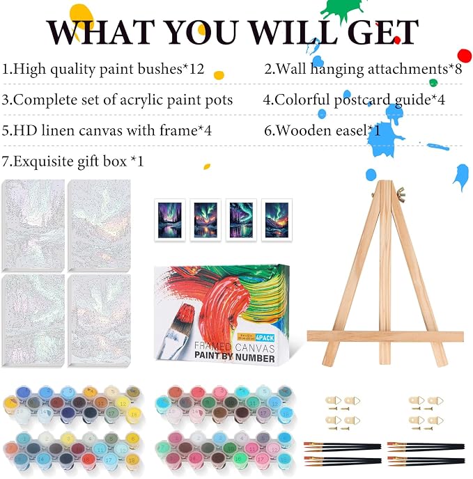 4 Pack Framed Paint by Numbers Kit for Adults Aurora with Wooden Easel | With Frame Canvas 8x12 IN, For Adults Beginner, DIY Acrylic Painting, Stress Relief Craft Kits, Home Wall Decor Gift